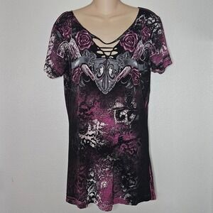 Rebel Saints Women's Graphic T-Shirt‎ Roses Guns Open Lace